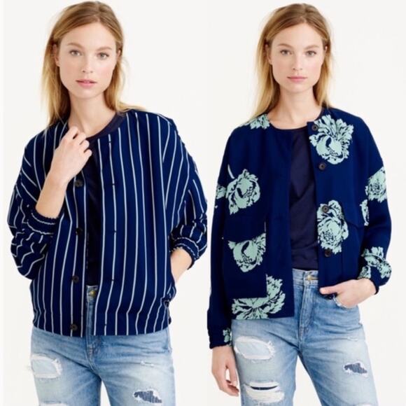J. Crew Reversible Floral Striped Bomber Jacket Blue Green Size‎ 6 - Picture 1 of 10